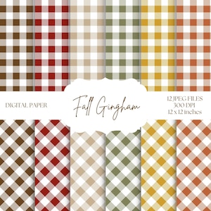 May include: A collection of digital paper featuring various fall-themed gingham patterns. The color palette includes brown, red, beige, green, yellow, and orange. The image includes the text "Fall Gingham" and "Digital Paper". Each paper is 12 x 12 inches.