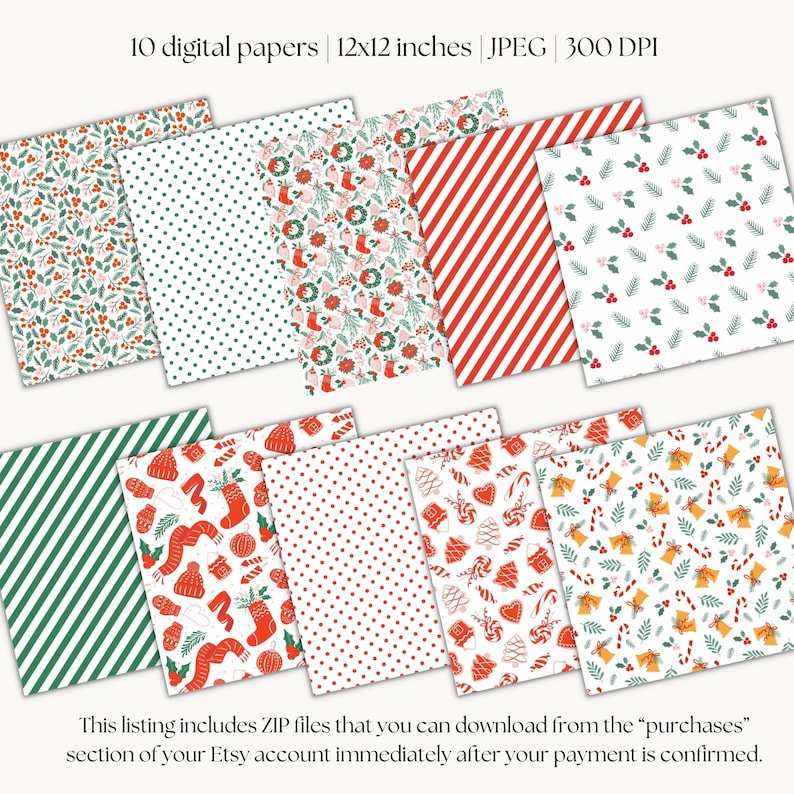 Cute Christmas Digital Paper, Red Green Pink Christmas Backgrounds