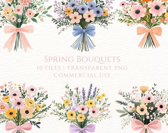 Flower Clipart, Watercolor Floral Bouquets, Spring PNG, Planner Stickers, Mothers Day Card Clip Art, Flowers And Bows, Digital Download