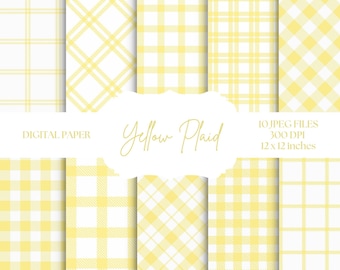 Yellow Plaid Digital Paper, Spring Backgrounds, Easter Patterns, Gingham Plaid, Printable Scrapbook Paper, Yellow And White