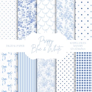 Blau Toile digitales Papier, kokette Schleifenmuster, adrette Hintergründe, Babyparty, digitales Scrapbooking, blau-weißes druckbares Papierset
