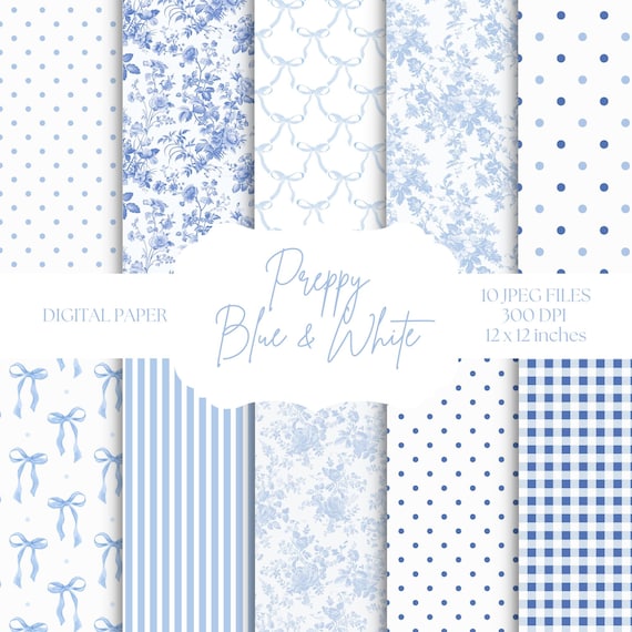 Blue Toile Digital Paper, Coquette Bow Patterns, Preppy Backgrounds, Baby Shower, Digital Scrapbooking, Blue & White Printable Paper Set
