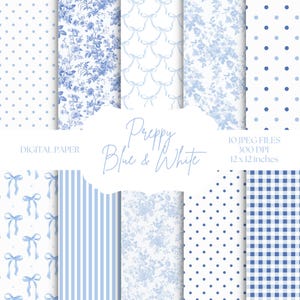 Toile Digital Paper, Blue & White Backgrounds, Coquette Bow Patterns, Baby Shower Paper, Toile De Jouy, Polka Dots, Wedding Scrapbook Paper