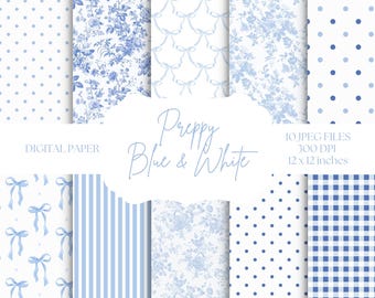 Toile Digital Paper, Blue & White Backgrounds, Coquette Bow Patterns, Baby Shower Paper, Toile De Jouy, Polka Dots, Wedding Scrapbook Paper
