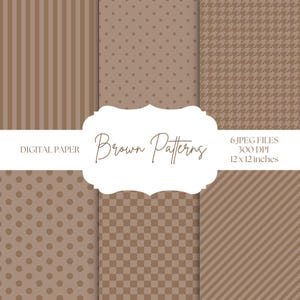 Brown Digital Paper, Brown Backgrounds, Polka Dots, Houndstooth, Seamless Patterns, Digital Scrapbook Paper, Stripes, Checkered Pattern