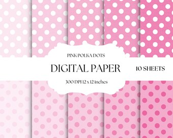 Pink Polka Dots Digital Paper, Hot Pink & Light Pink Patterns, Scrapbook Paper Set, Seamless Background, Digital Download