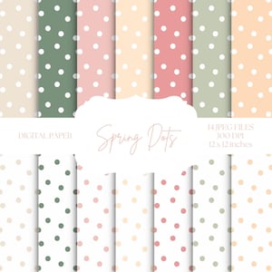 May include: Digital paper designs with polka dots in pastel shades of beige, green, pink, and peach. The designs are arranged in vertical stripes with white polka dots. The text "Spring Dots" is displayed in a decorative font, along with details about the files, including 12 x 12 inches.
