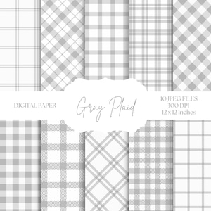 Peut inclure: Collection de dix fichiers de papier numérique présentant divers motifs de plaid gris. Chaque design affiche un agencement différent de lignes entrecroisées, créant une esthétique classique et polyvalente. Le texte "Gray Plaid" est affiché dans une police décorative.