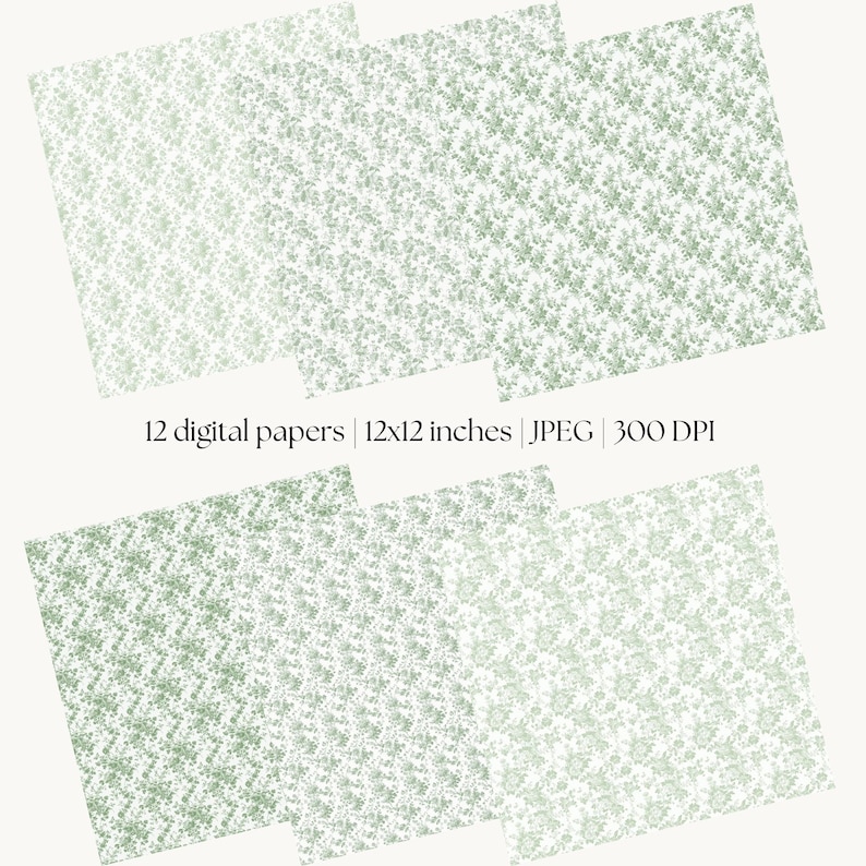 May include: A collection of digital papers featuring a floral design in green and white. The image includes the text "12 digital papers | 12x12 inches | JPEG | 300 DPI". Each paper has a repeating pattern, creating a vintage style.