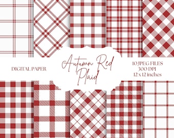 Rött rutigt digitalt papper, höstbakgrunder, rödbruna ginghamrutiga sömlösa mönster, scrapbookpapper för bröllop, babyshower, höstpyssel