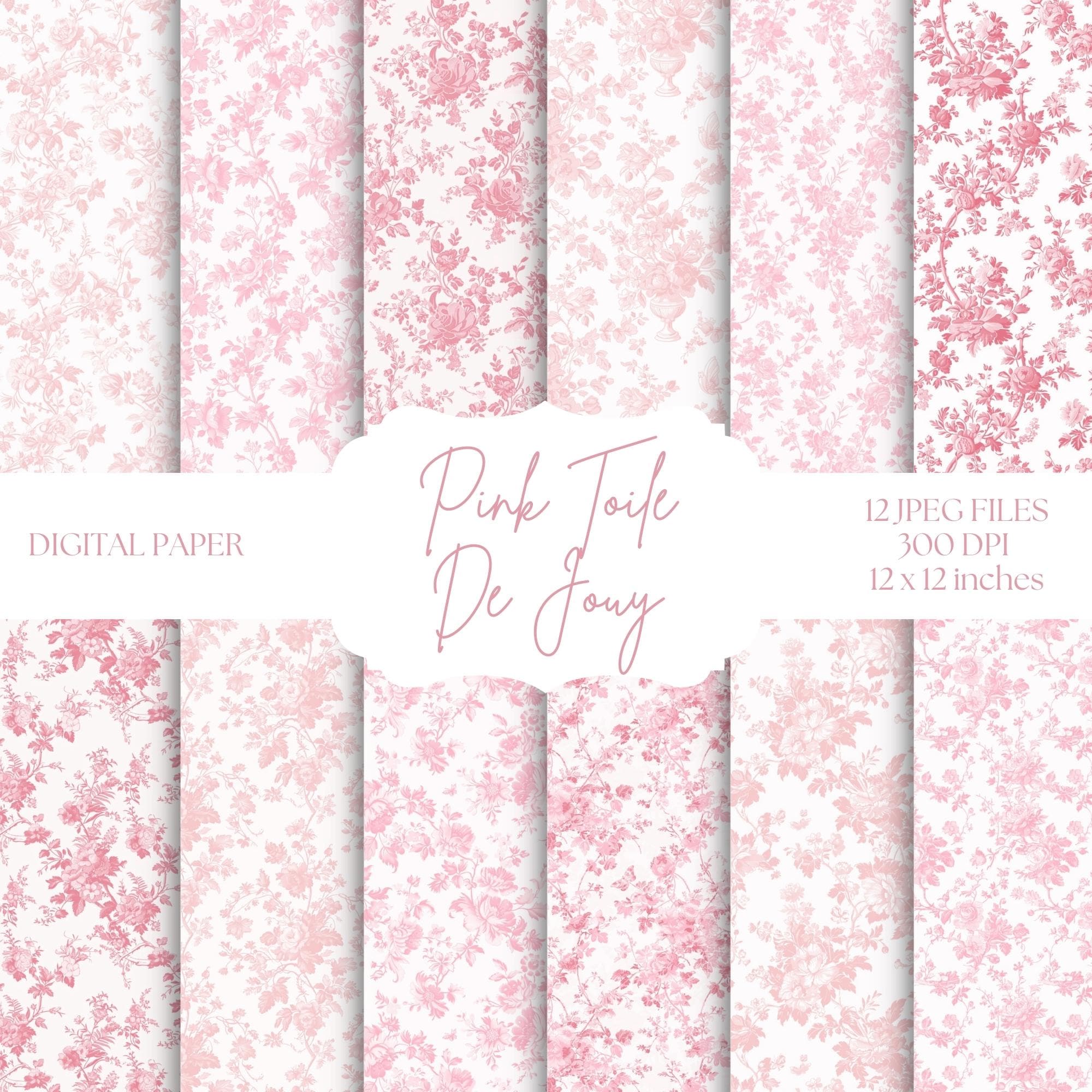 Pink Toile De Jouy Digital Paper, Spring Floral Backgrounds, Pink And White Chinoiserie Patterns, Digital Scrapbook Paper, French Toile