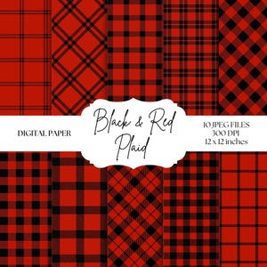 Puede incluir: Una colección de diez diseños de papel digital con patrones de cuadros negros y rojos. Los diseños incluyen varios estilos de cuadros, como el clásico y el diagonal. El texto en la imagen dice "Black & Red Plaid" y "Digital Paper". Cada archivo mide 30,48 x 30,48 cm.