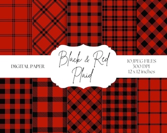 Papel digital a cuadros rojos y negros, cuadros vichy sin costuras, patrones de leñador, fondos a cuadros, papel para álbum de recortes a cuadros imprimible