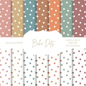May include: A collection of digital paper designs with polka dot patterns in various muted tones. The colour palette includes pink, beige, blue, orange, and green, each with white dots. The text "Boho Dots" and "Digital Paper" are also visible.