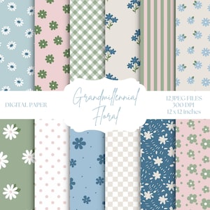 Grandmillennial Digitales Papier, nahtlose Blumenmuster, blaue Hintergründe, blau und rosa, grünes kariertes Papier, Blumen Scrapbook-Papier, Kartenherstellung
