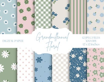 May include: A collection of digital paper designs with floral and geometric patterns in pastel colors. The designs include daisies, small blue flowers, gingham, stripes, and polka dots. The text "Grandmillennial Floral" is displayed, along with "DIGITAL PAPER" and file details.