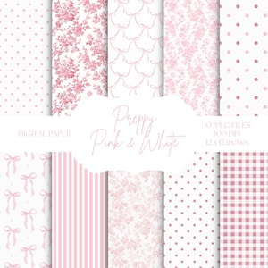 Sfondi bianchi e rosa, carta per album di ritagli preppy, fiocchi Coquette, toile de jouy rosa, motivi senza soluzione di continuità, carta per baby shower per bambine, pois