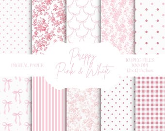 Pink Digital Paper, Preppy Backgrounds for Scrapbooking & Crafts, Bows, Toile Patterns, Baby Shower Invitations, Card Making, Floral Paper