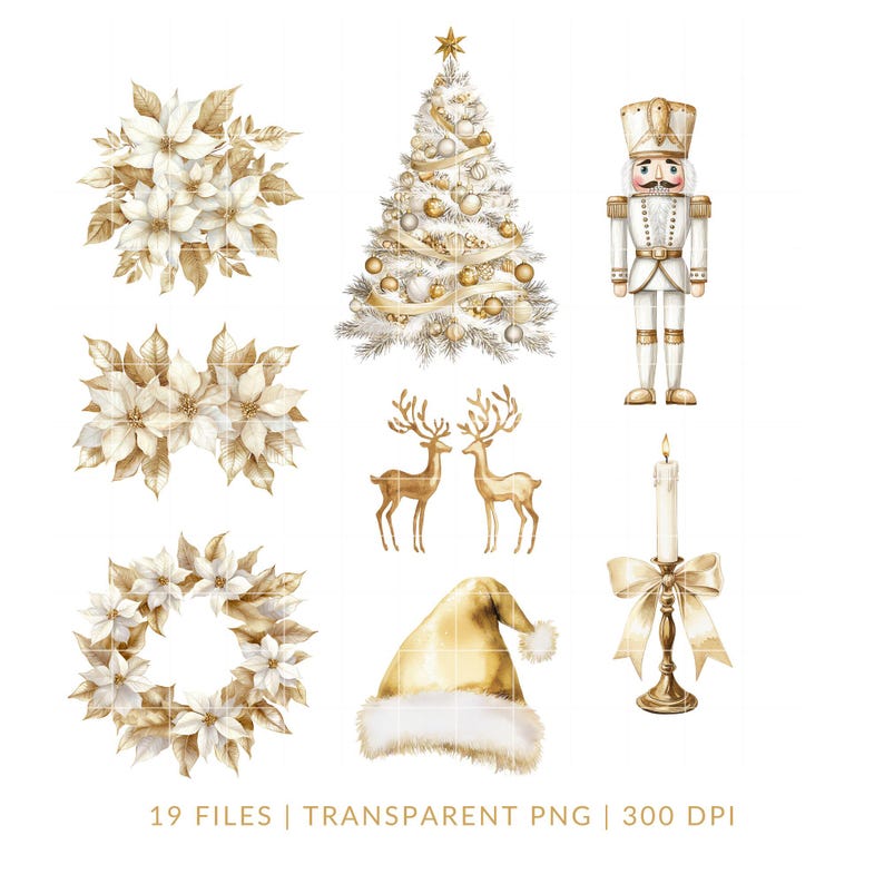 May include: A collection of watercolor Christmas elements in gold and white. Includes a decorated Christmas tree, poinsettias, a nutcracker, reindeer, a candle holder, and a Santa hat. The text at the bottom reads "19 FILES | TRANSPARENT PNG | 300 DPI."