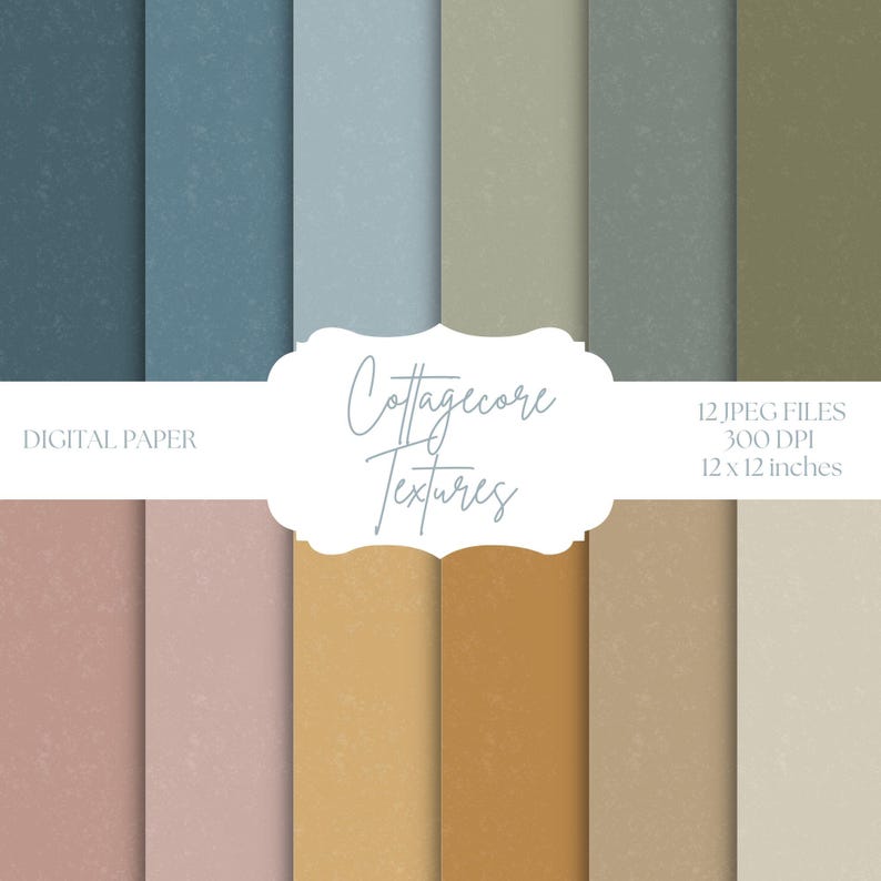 Puede incluir: Un conjunto de 12 texturas de papel digital en varios tonos de azul, verde, marr&oacute;n, rosa y amarillo. Las texturas tienen un patr&oacute;n moteado sutil y son perfectas para proyectos de manualidades. El texto "Cottagecore Textures" se muestra en un marco ovalado blanco.