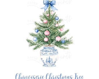 Chinoiserie Christmas Clipart, Blue Toile PNG, Blue And White Clip Art, Pink Watercolor Christmas Tree, Preppy Holiday Art, Blue Bows