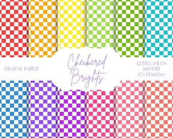 Checkered Digital Paper, Bright Color Patterns, Rainbow Backgrounds, Checkerboard Digital Paper, Colorful Scrapbook Paper