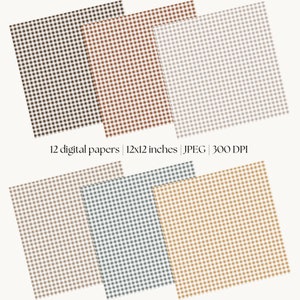 May include: Twelve digital papers with a gingham pattern in various colors, including brown, red, gray, beige, and yellow. Each paper is 12x12 inches and 300 DPI.