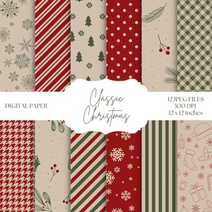 Christmas Digital Paper, Red & Green Backgrounds, Seamless Patterns, Green Polka Dots, Red Stripes, Holiday Scrapbooking, Invitations, Cards