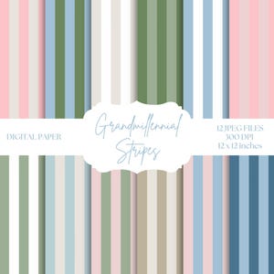 Papier numérique Grandmillenial Stripes, Rayures transparentes, Fond bleu, Rayures roses, Grand-mère côtière, Scrapbooking et design