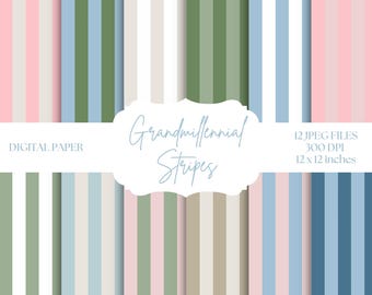 Grandmillennial Stripes Digital Paper, Seamless Stripe Patterns, Blue Backgrounds, Pink Stripes, Coastal Grandma, Scrapbooking & Design