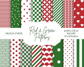 Red & Green Digital Paper, Christmas Backgrounds, Seamless Patterns, Digital Scrapbook Paper, Red Stripes, Green Polka Dots, Holiday Cards