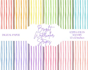 Watercolor Stripes Digital Paper, Vertical Stripe Patterns, Bright Color Backgrounds, Rainbow Stripes, Summer Digital Paper, Scrapbook Paper