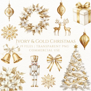 Gold Christmas Clipart, Glamorous Watercolor, Gold Bows PNG, Ivory Holiday Clip Art, Gold And White Decor, Poinsettia Christmas Wreath