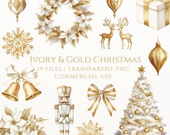 Clipe de Natal Dourado, Aquarela Glamourosa, Laços Dourados PNG, Clipe de Natal Marfim, Decoração Dourada e Branca, Guirlanda de Natal com Poinsétia