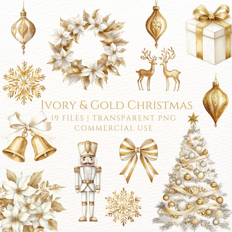 May include: Watercolor illustrations of ivory and gold Christmas decorations, including ornaments, a wreath, a gift box, reindeer, bells, a nutcracker, a bow, a snowflake, and a Christmas tree. The text reads "Ivory & Gold Christmas".