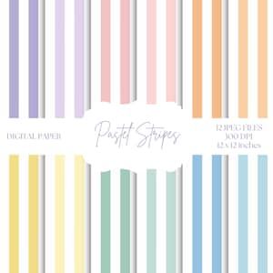 Könnte beinhalten: Digitales Papier mit vertikalen Pastellstreifen in verschiedenen Farben, darunter Lavendel, Rosa, Orange, Gelb, Grün und Blau. Der Text "Pastel Stripes" ist kursiv geschrieben, und das Bild enthält Details zur Dateigröße und Auflösung.