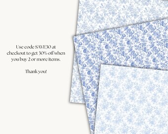 Blue Toile De Jouy Digital Paper, Vintage Floral Patterns, Blue