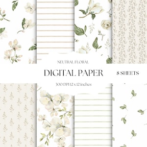 Papel digital floral neutro, Patrones sin costuras blancos, Flores de acuarela, Fondos digitales beige, Juego de papel de álbum de recortes neutro
