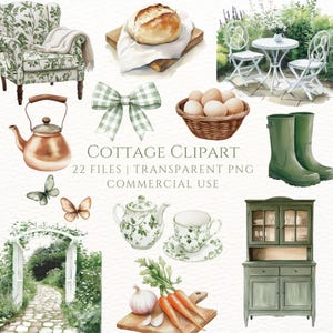 Clipart di cottage, acquerello Cottagecore, PNG di giardino, adesivi per planner, clipart verde, scrapbooking estivo, download digitale rustico, vintage