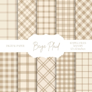 Beżowy papier cyfrowy w kratkę, neutralne tła, bezszwowe wzory gingham, jesienny papier cyfrowy, krata Buffalo, zestaw papieru do scrapbookingu cyfrowego