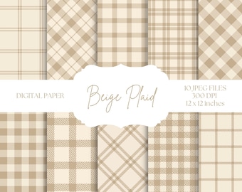 Beiges kariertes digitales Papier, neutrale Hintergründe, nahtlose karierte Muster, Herbst digitales Papier, Buffalo Plaid, digitales Scrapbook-Papierset