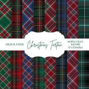 Op de afbeelding: Een verzameling van 16 digitale papierbestanden met verschillende kerst-tartanpatronen. De ontwerpen omvatten rood, groen, blauw en zwart geruit in een formaat van 30,48 x 30,48 cm. De woorden "Digital Paper" en "Christmas Tartan" zijn ook zichtbaar.