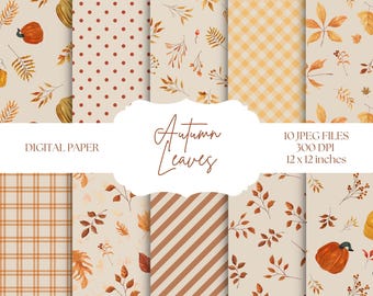 Fall Digital Paper, Autumn Leaves Seamless Patterns, Fall Backgrounds, Neutral Autumn Patterns, Pumpkin Digital Paper, Scrapbook Paper Set