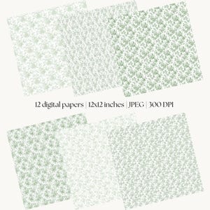 May include: Digital papers with a floral pattern in shades of green and white. The image shows several square sheets of paper with a repeating design. The text on the image reads "12 digital papers | 30.5x30.5 cm | JPEG | 300 DPI."