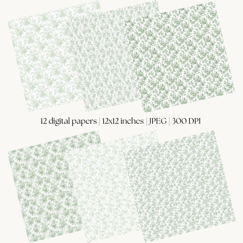 May include: Digital papers with a floral pattern in shades of green and white. The image shows several square sheets of paper with a repeating design. The text on the image reads "12 digital papers | 30.5x30.5 cm | JPEG | 300 DPI."