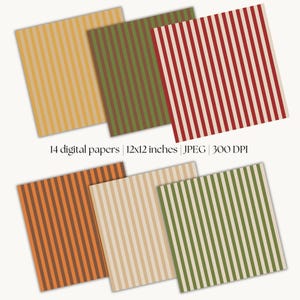 May include: A selection of 14 digital papers, each 30.48cm x 30.48cm, showcasing striped designs. The colour scheme includes yellow, green, red, orange, and beige. These papers are intended for digital applications and are 300 DPI.