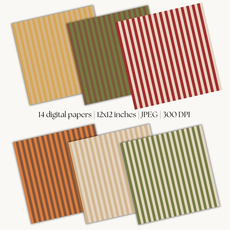 May include: A selection of 14 digital papers, each 30.48cm x 30.48cm, showcasing striped designs. The colour scheme includes yellow, green, red, orange, and beige. These papers are intended for digital applications and are 300 DPI.