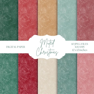 May include: A set of 10 digital paper designs in muted Christmas colours. The papers feature a subtle textured background in shades of green, red, beige, and pink. The papers are 12x12 inches and 300 DPI.