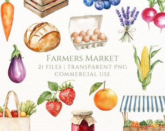 Farmers Market Clipart, Watercolor Fruit & Vegetables, Garden PNG, Strawberries, Sourdough, Food Clip Art, Birthday Party, Baby Shower