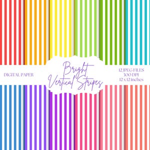 Stripes Digital Paper, Bright Color Backgrounds, Vertical Stripe Patterns, Rainbow Summer Digital Paper, Scrapbook Paper Crafts, Planner